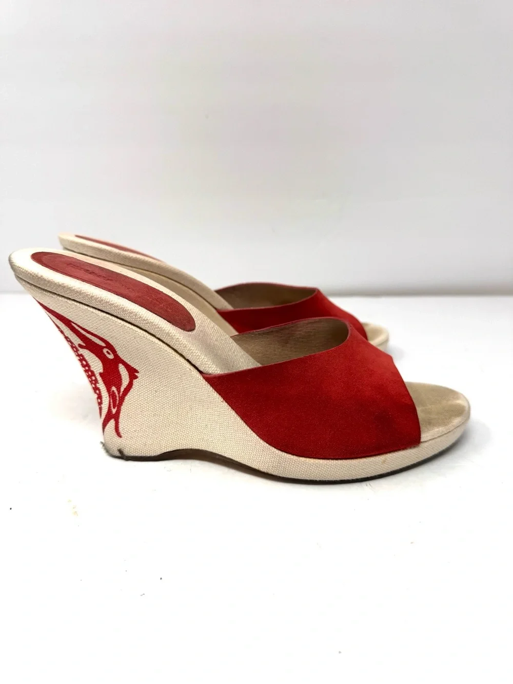 DKNY red suede peep toe wedges, made in Italy, size 9